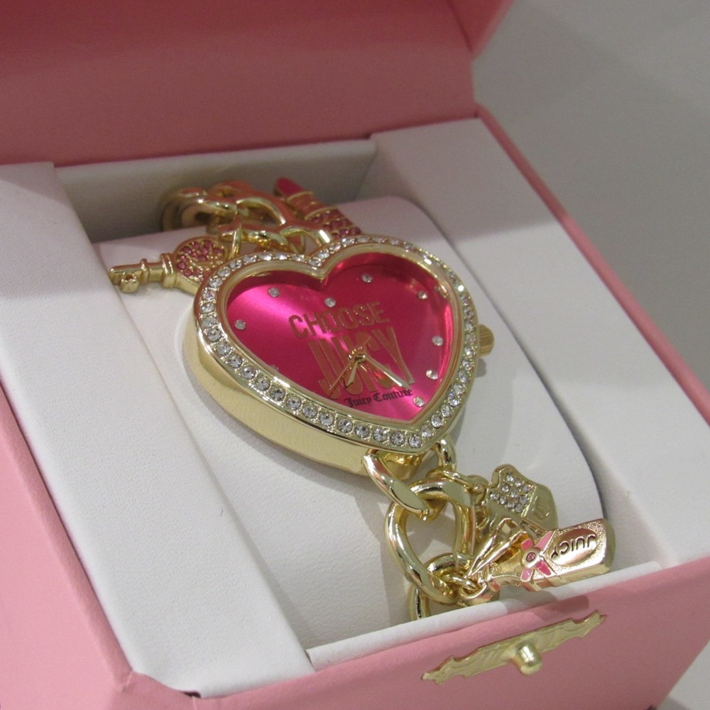 Juicy Couture Gold and Pink Heart Charm Watch
